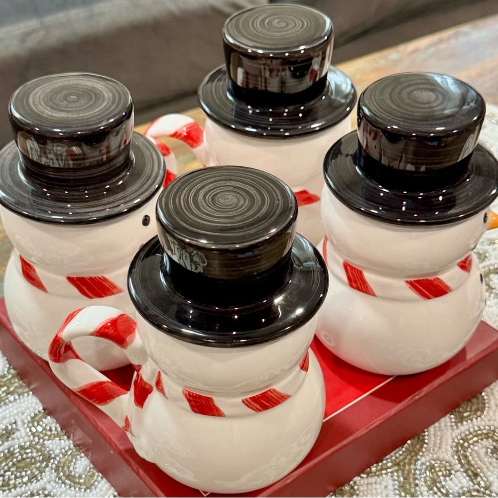 NIB Williams-Sonoma Holiday Snowman Mugs Set of 4 w/ Top Hat Lids – New in Box